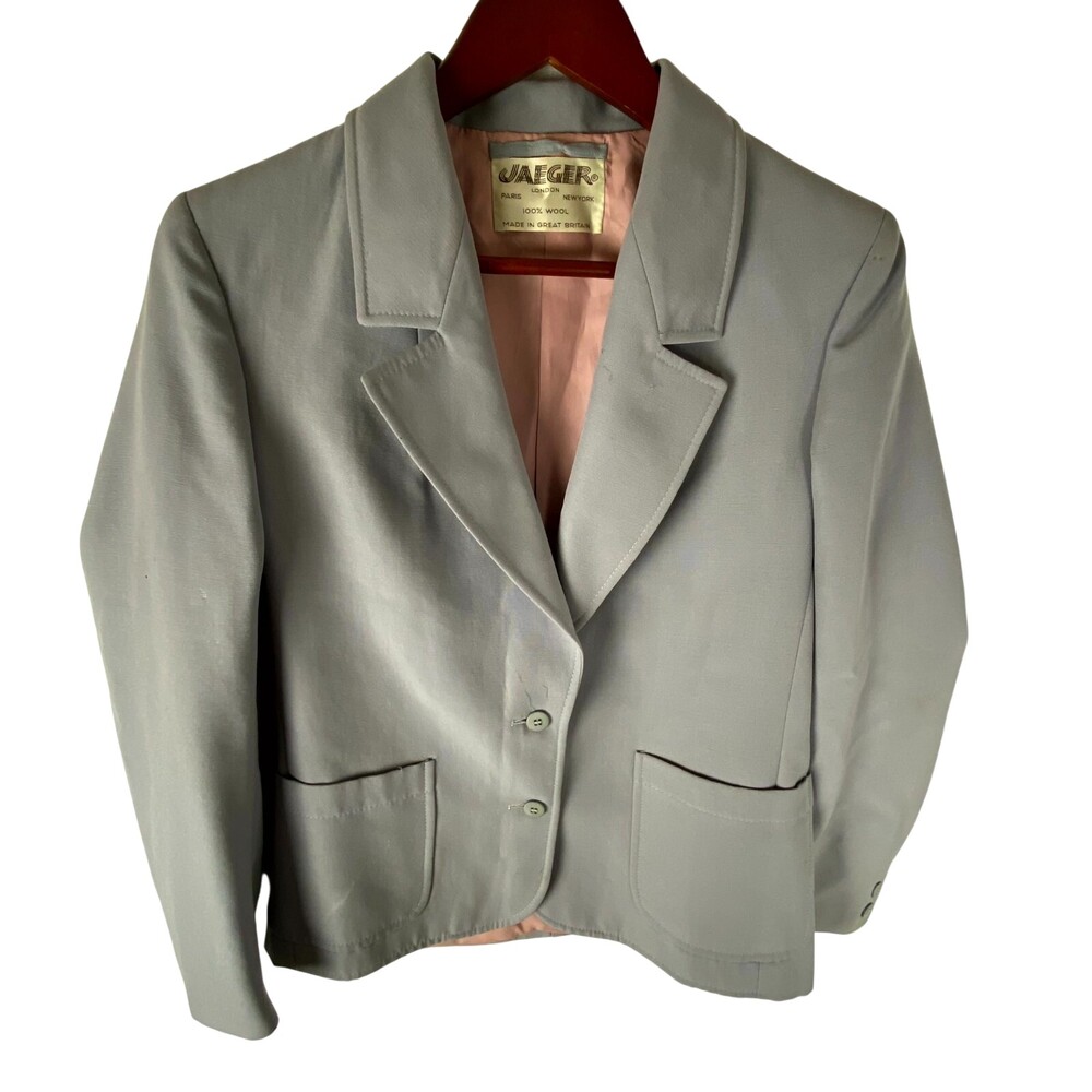 Vintage Jaeger Blazer Jacket Women 10 Gray 100% Wool Notch Lapel Single-Breasted